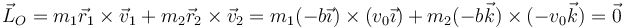 \vec{L}_O=m_1\vec{r}_1\times\vec{v}_1+m_2\vec{r}_2\times\vec{v}_2=m_1(-b\vec{\imath})\times(v_0\vec{\imath})+m_2(-b\vec{k})\times(-v_0\vec{k})=\vec{0}