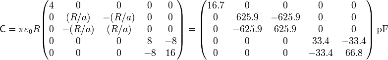 \mathsf{C}=\pi \varepsilon_0 R\begin{pmatrix}4 & 0 & 0 & 0 & 0 \\0 & (R/a) & -(R/a) & 0 & 0 \\ 0 & -(R/a) & (R/a) & 0 & 0 \\0 & 0 & 0 & 8 & -8 \\  0 & 0 & 0 & -8 & 16\end{pmatrix}
 = \begin{pmatrix}16.7 & 0 & 0 & 0 & 0 \\ 0   & 625.9 & -625.9 & 0 & 0 \\ 0  & -625.9 & 625.9 & 0 & 0 \\ 0  & 0 & 0 & 33.4 & -33.4 \\     0 & 0 & 0 & -33.4 & 66.8\end{pmatrix}\,\mathrm{pF}