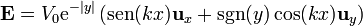 \mathbf{E}=V_0\mathrm{e}^{-|y|}\left(\mathrm{sen}(kx)\mathbf{u}_x+\sgn(y)\cos(kx)\mathbf{u}_y\right)