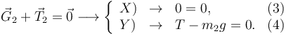 
\vec{G}_2 + \vec{T}_2 = \vec{0}
\longrightarrow
\left\{
\begin{array}{lcll}
X) & \to & 0 = 0, & (3)\\
Y) & \to & T-m_2g = 0. & (4)
\end{array}
\right.
