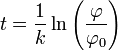 t = \frac{1}{k}\ln\left(\frac{\varphi}{\varphi_0}\right)