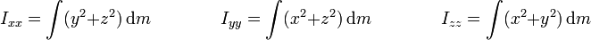 I_{xx}=\int (y^2+z^2)\,\mathrm{d}m\qquad\qquad I_{yy}=\int (x^2+z^2)\,\mathrm{d}m\qquad\qquad I_{zz}=\int (x^2+y^2)\,\mathrm{d}m
