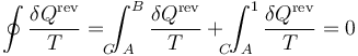 \oint\frac{\delta Q^\mathrm{rev}}{T}=\int_{A\!\!\!\!\!\!\!\!\!\!\!\!C}^B\frac{\delta Q^\mathrm{rev}}{T}+\int_{A\!\!\!\!\!\!\!\!\!\!\!\!\!C^{\,,}}^1\frac{\delta Q^\mathrm{rev}}{T}=0