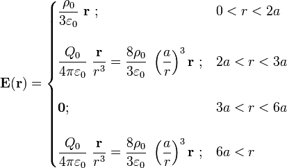 \mathbf{E} (\mathbf{r})=\begin{cases}\displaystyle \frac{\rho_0}{3\varepsilon_0}\ \mathbf{r}\ \mathrm{;}& 0<r<2a\\ \\ \displaystyle \frac{Q_0}{4\pi\varepsilon_0}\ \frac{\mathbf{r}}{r^3}=\frac{8\rho_0}{3\varepsilon_0}\ \left(\frac{a}{r}\right)^3 \mathbf{r}\ \mathrm{;}& 2a<r<3a\\ \\ \mathbf{0}\mathrm{;}& 3a<r<6a\\ \\
\displaystyle \frac{Q_0}{4\pi\varepsilon_0}\ \frac{\mathbf{r}}{r^3}=\frac{8\rho_0}{3\varepsilon_0}\ \left(\frac{a}{r}\right)^3 \mathbf{r}\ \mathrm{;}& 6a<r\end{cases}