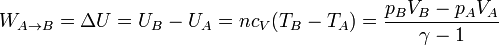 W_{A\to B}=\Delta U = U_B-U_A = nc_V(T_B-T_A)=\frac{p_BV_B-p_AV_A}{\gamma-1}\,