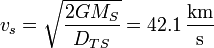 v_s= \sqrt{\frac{2GM_S}{D_{TS}}}= 42.1\,\frac{\mathrm{km}}{\mathrm{s}}