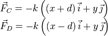 
  \left.
  \begin{array}{l}
    \vec{F}_C = -k\left( (x+d)\,\vec{i} + y\,\vec{\jmath}\right)\\
    \vec{F}_D = -k\left( (x-d)\,\vec{i} + y\,\vec{\jmath}\right)
  \end{array}
  \right.
