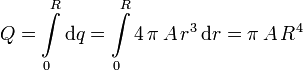 
Q = \int\limits_{0}^R \mathrm{d}q = \int\limits_{0}^R 4\,\pi\,A\,r^3\,\mathrm{d}r = \pi\,A \,R^4
