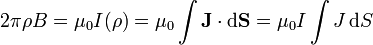 2\pi\rho B = \mu_0 I(\rho) = \mu_0\int \mathbf{J}\cdot\mathrm{d}\mathbf{S}=\mu_0 I \int J\,\mathrm{d}S