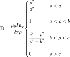 \mathbf{B}=\frac{\mu_0I\mathbf{u}_\varphi}{2\pi\rho}
\begin{cases}
\displaystyle\frac{\rho^2}{a^2}          & \rho < a     \\ 
                                         &              \\ 
                1                        & a <\rho < b  \\ 
                                         &              \\
\displaystyle \frac{c^2-\rho^2}{c^2-b^2} & b < \rho < c \\ 
                                         &              \\ 
                0                        & \rho > c 
\end{cases}
