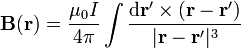 \mathbf{B}(\mathbf{r})=\frac{\mu_0I}{4\pi}\int \frac{\mathrm{d}\mathbf{r}'\times(\mathbf{r}-\mathbf{r}')}{|\mathbf{r}-\mathbf{r}'|^3}
