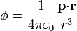 \phi=\frac{1}{4\pi\varepsilon_0}\frac{\mathbf{p}{\cdot}\mathbf{r}}{r^3}