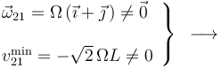 
\left.\begin{array}{l} \vec{\omega}_{21}=\Omega\,(\vec{\imath}+\vec{\jmath}\,)\neq\vec{0} \\ \\ v^{\mathrm{min}}_{21}=-\sqrt{2}\,\Omega L\neq 0 \end{array}\right\}\,\,\,\longrightarrow\,\,\,