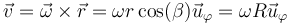 \vec{v}=\vec{\omega}\times\vec{r}=\omega r\cos(\beta)\vec{u}_\varphi=\omega R\vec{u}_\varphi