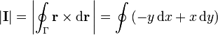 \left|\mathbf{I}\right| = \left| \oint_{\Gamma} \mathbf{r} \times \mathrm{d}\mathbf{r}\,\right|=\oint \left(-y\,\mathrm{d}x+x\,\mathrm{d}y\right)