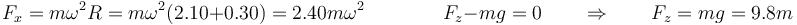 F_x = m\omega^2 R = m\omega^2(2.10+0.30)=2.40m\omega^2 \qquad\qquad F_z-mg = 0\qquad \Rightarrow\qquad F_z = mg = 9.8m