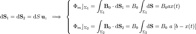 \mathrm{d} \mathbf{S}_1=\mathrm{d} \mathbf{S}_2=\mathrm{d}S\  \mathbf{u}_z\;\;\Longrightarrow\;\;\left\{\begin{array}{l}\displaystyle
\Phi_m\rfloor_{\Sigma_1}=\int_{\Sigma_1}\!\!\mathbf{B}_0\cdot\mathrm{d}
\mathbf{S}_1=B_0\int_{\Sigma_1}\!\!\mathrm{d}
\mathbf{S}=B_0 a x(t) \\ \\ \displaystyle\Phi_m\rfloor_{\Sigma_2}=\int_{\Sigma_2}\!\!\mathbf{B}_0\cdot\mathrm{d}
\mathbf{S}_2=B_0\int_{\Sigma_2}\!\!\mathrm{d}
\mathbf{S}=B_0\ a\ [b-x(t)]
\end{array}\right.
