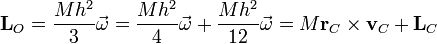 \mathbf{L}_O=\frac{Mh^2}{3}\vec{\omega}=\frac{Mh^2}{4}\vec{\omega}+\frac{Mh^2}{12}\vec{\omega}=M\mathbf{r}_C\times\mathbf{v}_C+\mathbf{L}_C