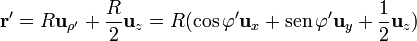 \mathbf{r}'=R\mathbf{u}_{\rho'}+\frac{R}{2}\mathbf{u}_z=R(\cos\varphi'\mathbf{u}_{x}+\mathrm{sen}\,\varphi'\mathbf{u}_{y}+\frac{1}{2}\mathbf{u}_z)