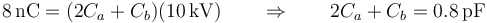 8\,\mathrm{nC}=(2C_a+C_b)(10\,\mathrm{kV})\qquad\Rightarrow\qquad  2C_a+C_b=0.8\,\mathrm{pF}