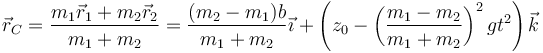 \vec{r}_C = \frac{m_1\vec{r}_1+m_2\vec{r}_2}{m_1+m_2}=\frac{(m_2-m_1)b}{m_1+m_2}\vec{\imath}+\left(z_0-\left(\frac{m_1-m_2}{m_1+m_2}\right)^2gt^2\right)\vec{k}