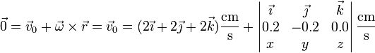 \vec{0}=\vec{v}_0+\vec{\omega}\times\vec{r}=\vec{v}_0=(2\vec{\imath}+2\vec{\jmath}+2\vec{k})\frac{\mathrm{cm}}{\mathrm{s}}+\left|\begin{matrix}\vec{\imath} & \vec{\jmath} & \vec{k} \\ 0.2 & -0.2 & 0.0 \\ x & y & z \end{matrix}\right|\frac{\mathrm{cm}}{\mathrm{s}}