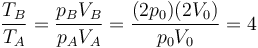 \frac{T_B}{T_A} = \frac{p_BV_B}{p_AV_A} = \frac{(2p_0)(2V_0)}{p_0V_0}=4