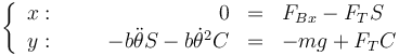 \left\{\begin{array}{rcrcl}x:&\quad&0&=&F_{Bx}-F_TS\\y: &\quad&-b\ddot{\theta}S-b\dot{\theta}^2C&=&-mg+F_TC\end{array}\right.