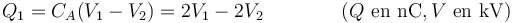 Q_1 = C_A(V_1-V_2) = 2V_1-2V_2\qquad\qquad (Q\ \mbox{en nC}, V\ \mbox{en kV})