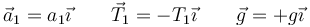 \vec{a}_1 = a_1 \vec{\imath}\qquad \vec{T}_1=-T_1\vec{\imath}\qquad\vec{g}=+g\vec{\imath}