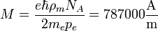 M=\frac{e\hbar \rho_m N_A}{2m_e p_e}=787000 \frac{\mathrm{A}}{\mathrm{m}}