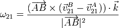 \omega_{21}=\frac{(\overrightarrow{AB}\times(\vec{v}^B_{21}-\vec{v}^A_{21}))\cdot\vec{k}}{|\overrightarrow{AB}|^2}