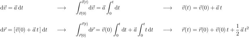 
\begin{array}{lllll} \mathrm{d}\vec{v}=\vec{a}\,\mathrm{d}t & \,\,\,\,\,\longrightarrow\,\,\,\,\, & \displaystyle\int_{\vec{v}(0)}^{\vec{v}(t)}\!\mathrm{d}\vec{v}=\vec{a}\displaystyle\int_{0}^{t}\mathrm{d}t & \,\,\,\,\,\longrightarrow\,\,\,\,\, & \vec{v}(t)=\vec{v}(0)+\vec{a}\,t \\ \\
\mathrm{d}\vec{r}=[\vec{v}(0)+\vec{a}\,t\,]\,\mathrm{d}t & \,\,\,\,\,\longrightarrow\,\,\,\,\, & \displaystyle\int_{\vec{r}(0)}^{\vec{r}(t)}\!\mathrm{d}\vec{r}=\vec{v}(0)\displaystyle\int_{0}^{t}\mathrm{d}t+\vec{a}\displaystyle\int_{0}^{t}\!t\,\mathrm{d}t & \,\,\,\,\,\longrightarrow\,\,\,\,\, & \vec{r}(t)=\vec{r}(0)+\vec{v}(0)\,t+\displaystyle\frac{1}{2}\,\vec{a}\,t^2\end{array}
