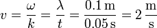 v = \frac{\omega}{k}=\frac{\lambda}{t}=\frac{0.1\,\mathrm{m}}{0.05\,\mathrm{s}}=2\,\frac{\mathrm{m}}{\mathrm{s}}