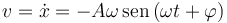 v = \dot{x} = -A\omega\,\mathrm{sen}\,(\omega t+\varphi)