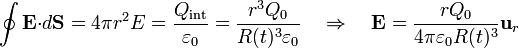 \oint \mathbf{E} {\cdot}d\mathbf{S} = 4\pi r^2 E = \frac{Q_\mathrm{int}}{\varepsilon_0} = \frac{r^3 Q_0}{R(t)^3\varepsilon_0}\quad\Rightarrow\quad \mathbf{E} = \frac{r Q_0}{4\pi\varepsilon_0R(t)^3}\mathbf{u}_{r}