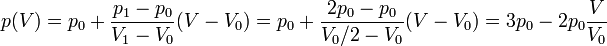 p(V) = p_0 + \frac{p_1-p_0}{V_1-V_0}(V-V_0) = p_0 + \frac{2p_0-p_0}{V_0/2-V_0}(V-V_0) = 3p_0-2p_0\frac{V}{V_0}