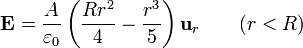 \mathbf{E} = \frac{A}{\varepsilon_0}\left(\frac{Rr^2}{4}-\frac{r^3}{5}\right)\mathbf{u}_r\qquad(r<R)