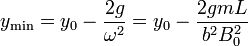 y_\mathrm{min}=y_0-\frac{2g}{\omega^2}=y_0-\frac{2 g m L}{b^2B_0^2}