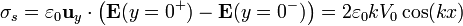 \sigma_s = \varepsilon_0\mathbf{u}_y\cdot\left(\mathbf{E}(y=0^+)-\mathbf{E}(y=0^-)\right) = 2\varepsilon_0kV_0\cos(kx)