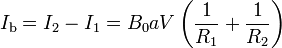 I_\mathrm{b} = I_2 - I_1 = B_0aV\left(\displaystyle\frac{1}{R_1}+\displaystyle\frac{1}{R_2}\right)