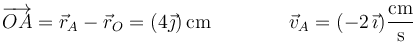 \overrightarrow{OA}=\vec{r}_A-\vec{r}_O=(4\vec{\jmath})\,\mathrm{cm}\qquad\qquad\vec{v}_A=(-2\,\vec{\imath})\frac{\mathrm{cm}}{\mathrm{s}}