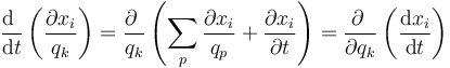 \frac{\mathrm{d}\ }{\mathrm{d}t}\left(\frac{\partial x_i}{q_k}\right)=\frac{\partial \ }{q_k}\left(\sum_p\frac{\partial x_i}{q_p}+\frac{\partial x_i}{\partial t}\right)=\frac{\partial\ }{\partial q_k}\left(\frac{\mathrm{d}x_i}{\mathrm{d}t}\right)