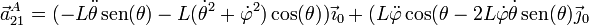 \vec{a}^A_{21}=(-L\ddot{\theta}\,\mathrm{sen}(\theta)-L(\dot{\theta}^2+\dot{\varphi}^2)\cos(\theta))\vec{\imath}_0+(L\ddot{\varphi}\cos(\theta-2L\dot{\varphi}\dot{\theta}\,\mathrm{sen}(\theta)\vec{\jmath}_0