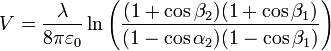 V = \frac{\lambda}{8\pi\varepsilon_0}\ln\left(\frac{(1+\cos\beta_2)(1+\cos\beta_1)}{(1-\cos\alpha_2)(1-\cos\beta_1)}\right)
