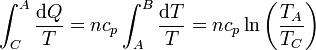 \int_{C}^{A} \frac{\mathrm{d}Q}{T}= nc_p\int_{A}^B \frac{\mathrm{d}T}{T} = nc_p\ln\left(\frac{T_A}{T_C}\right)