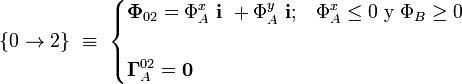 \{0\rightarrow 2\}\ \equiv \ \begin{cases}\displaystyle \mathbf{\Phi}_{02}=\Phi_A^x\ \mathbf{i}\ + \Phi_A^y\ \mathbf{i}\mathrm{;}\quad \Phi_A^x\le 0\; \mathrm{y}\; \Phi_B\ge 0\\ \\
\displaystyle \mathbf{\Gamma}_A^{02}=\mathbf{0}\end{cases}