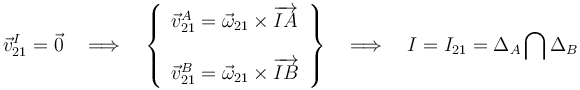 \vec{v}_{21}^I=\vec{0}\quad\Longrightarrow\quad\left\{\begin{array}{l}\vec{v}_{21}^A=\vec{\omega}_{21}\times\overrightarrow{IA}\\ \\ \vec{v}_{21}^B=\vec{\omega}_{21}\times\overrightarrow{IB}\end{array}\right\}\quad\Longrightarrow\quad I=I_{21}=\Delta_A\bigcap\Delta_B