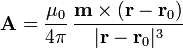 \mathbf{A}=\frac{\mu_0}{4\pi}\,\frac{\mathbf{m}\times(\mathbf{r}-\mathbf{r}_0)}{|\mathbf{r}-\mathbf{r}_0|^3}