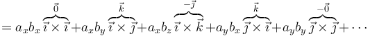 =a_xb_x\overbrace{\vec{\imath}\times\vec{\imath}}^{\vec{0}}+a_xb_y\overbrace{\vec{\imath}\times\vec{\jmath}}^{\vec{k}}+a_xb_z\overbrace{\vec{\imath}\times\vec{k}}^{-\vec{\jmath}}+a_yb_x\overbrace{\vec{\jmath}\times\vec{\imath}}^{\vec{k}}+a_yb_y\overbrace{\vec{\jmath}\times\vec{\jmath}}^{-\vec{0}}+\cdots